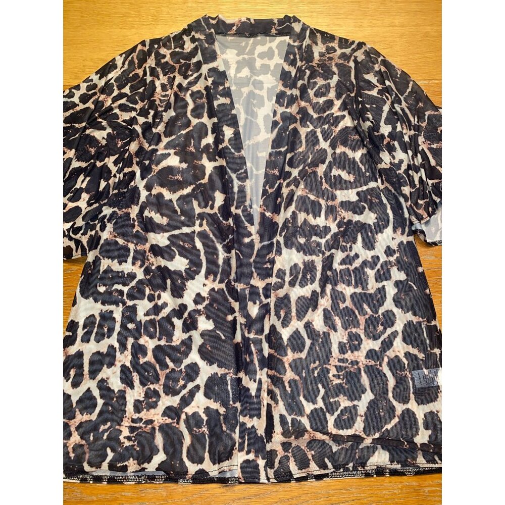Sheer Leopard Print Open Front Kimono Cardigan With Flared Sleeves